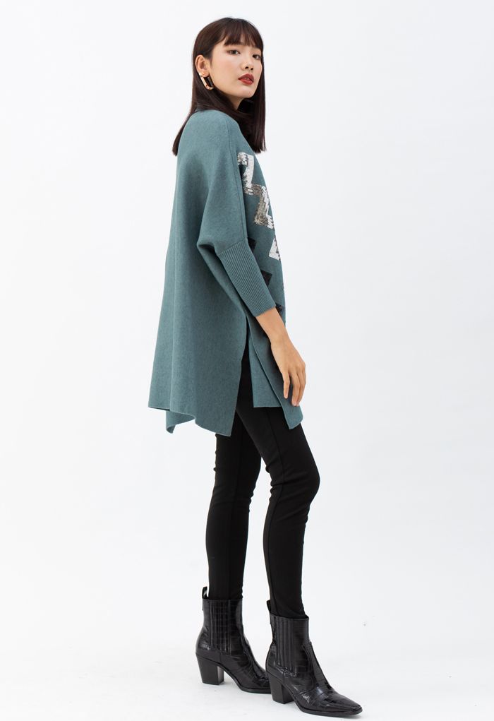 Zigzag Sequins Knit Cape Sweater in Teal