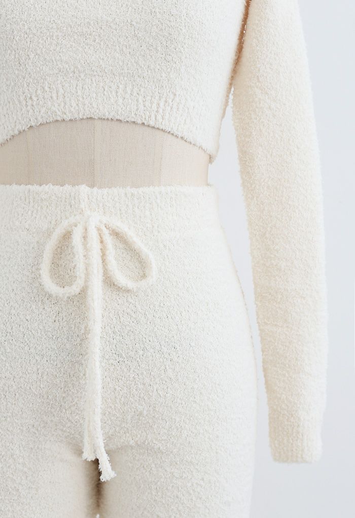 Fluffy Knit Crop Top and Drawstring Joggers Set in Cream