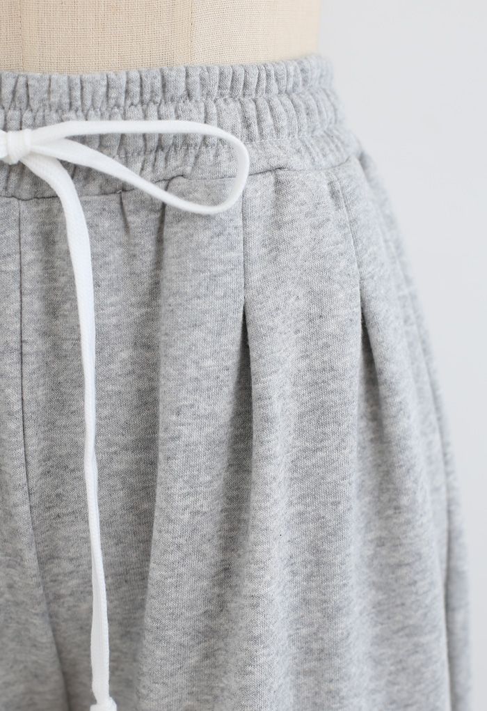 Cropped Wide-Leg Raw Cut Drawstring Pants in Grey