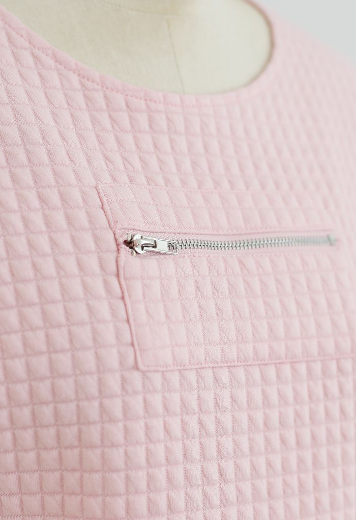 Quilted Zipper Crop Top and Joggers Set in Pink