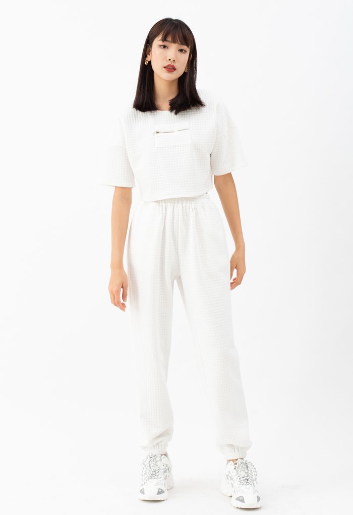 Quilted Zipper Crop Top and Joggers Set in White