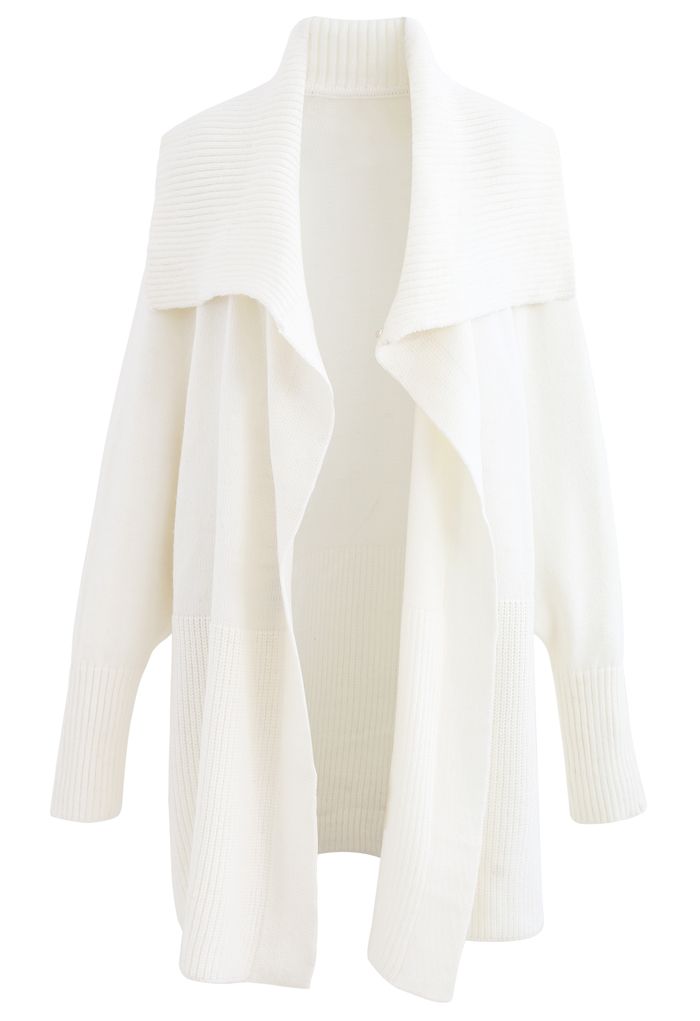 Wide Lapel Batwing Sleeves Longline Knit Cardigan in White