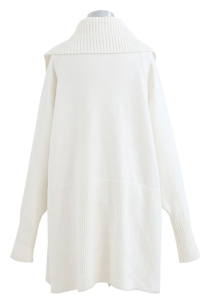 Wide Lapel Batwing Sleeves Longline Knit Cardigan in White