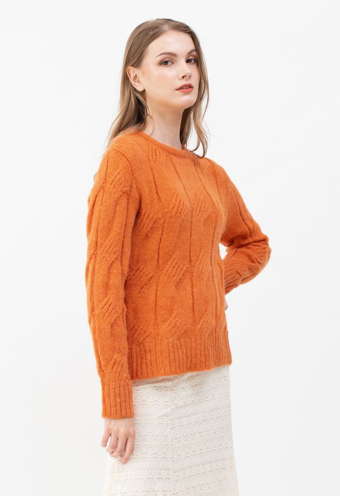 Fuzzy Crew Neck Cable Knit Sweater in Orange