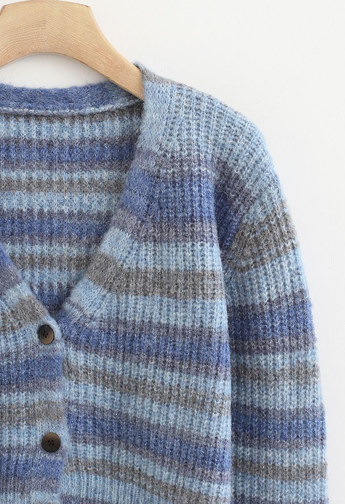 Striped Block Buttoned Crop Knit Cardigan in Blue