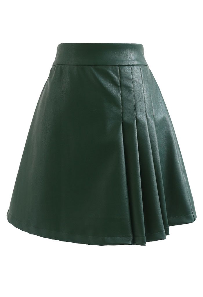 Faux Leather Pleated Detail Mini Skirt in Dark Green