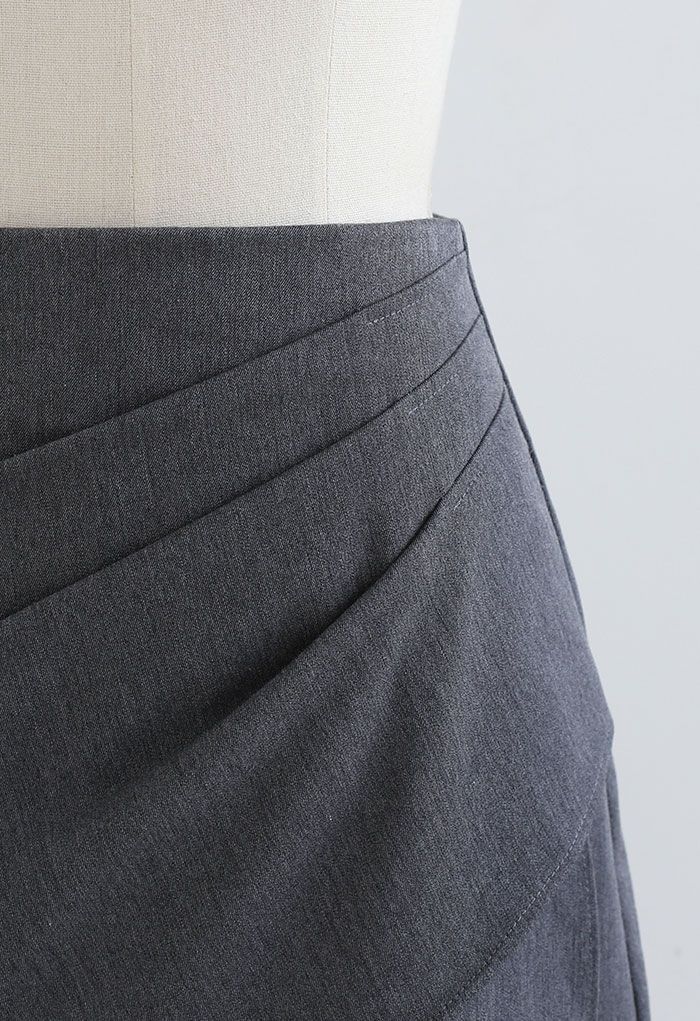 Ruched Pleated Asymmetric Mini Skirt in Grey