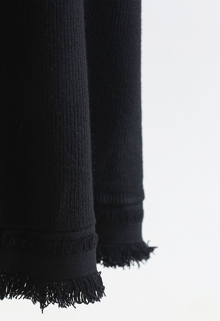 Fringed Hem A-Line Midi Knit Skirt in Black