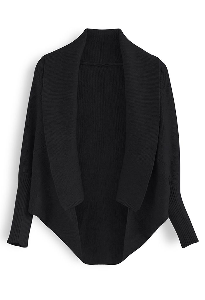 Open Front Batwing Sleeve Knit Cape in Black