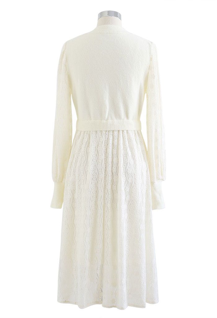 Spliced Knit Lacy Pearly Midi Dress in Cream