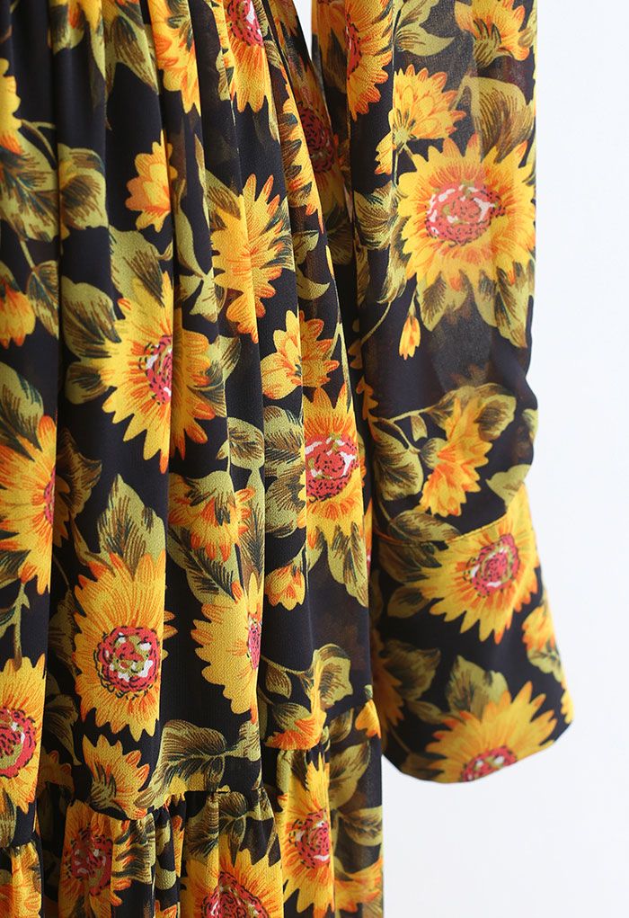 Exotic Sunflower Printed Ruffle Chiffon Dress in Orange