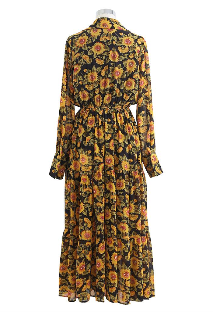 Exotic Sunflower Printed Ruffle Chiffon Dress in Orange
