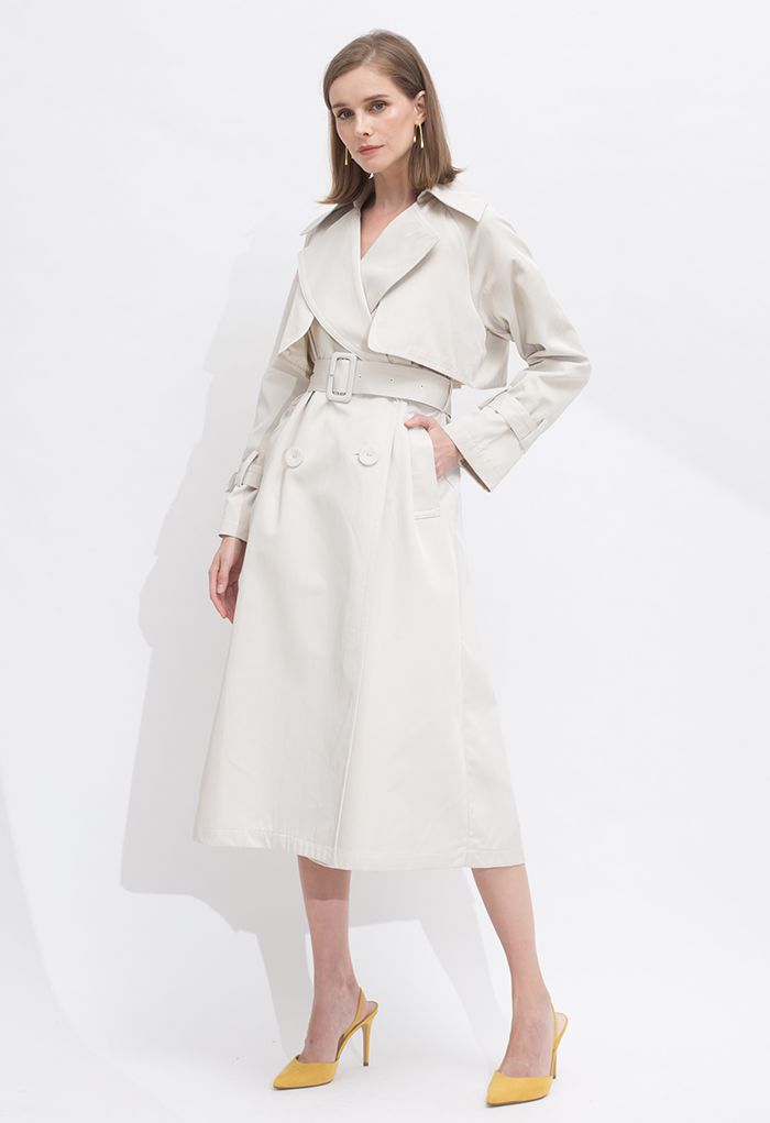 Mesh Spliced Double-Breasted Belted Trench Coat