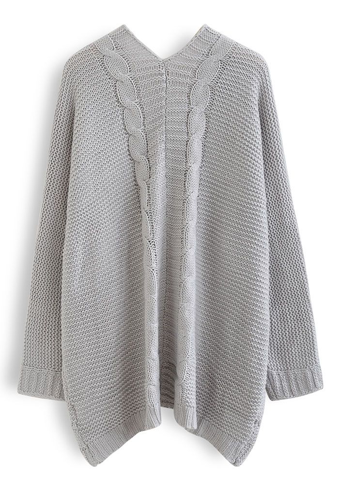 Open Front Pocket Braid Knit Cardigan in Grey