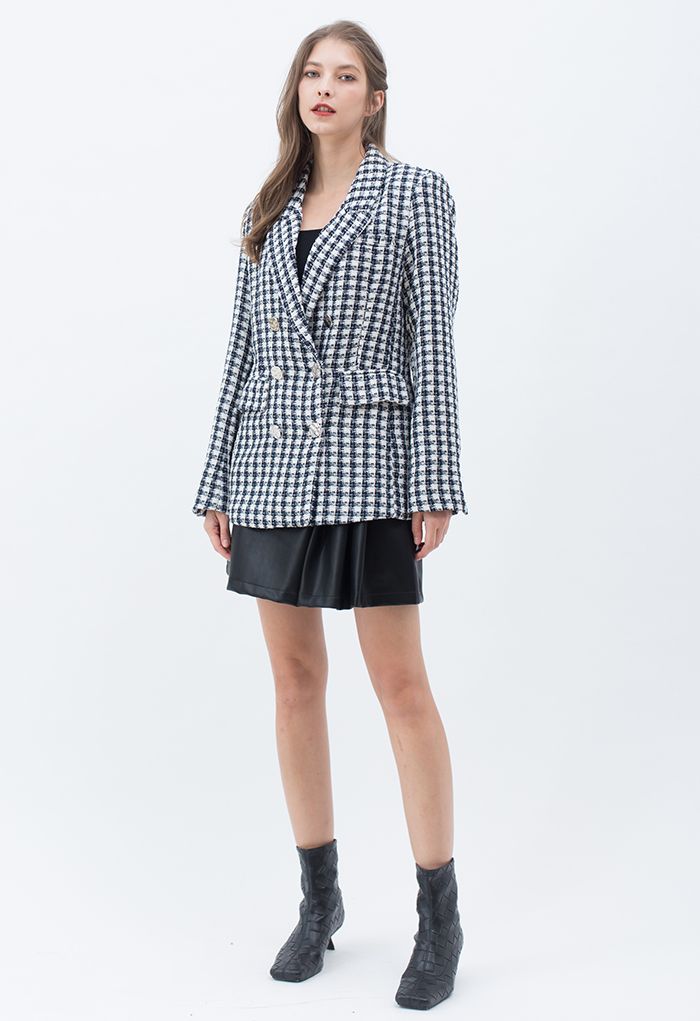 Gingham Textured Double-Breasted Blazer