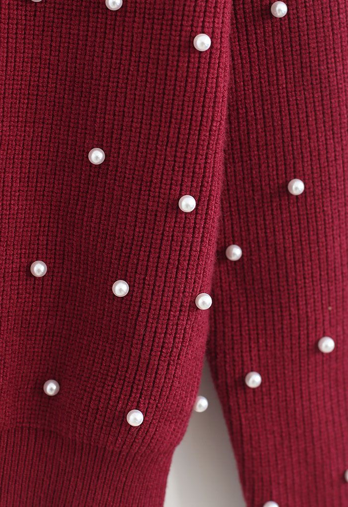 半高領珍珠裝飾針織上衣-紅色