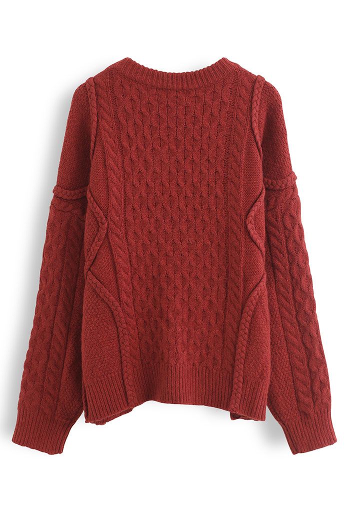 Round Neck Cable Knit Oversized Sweater in Red