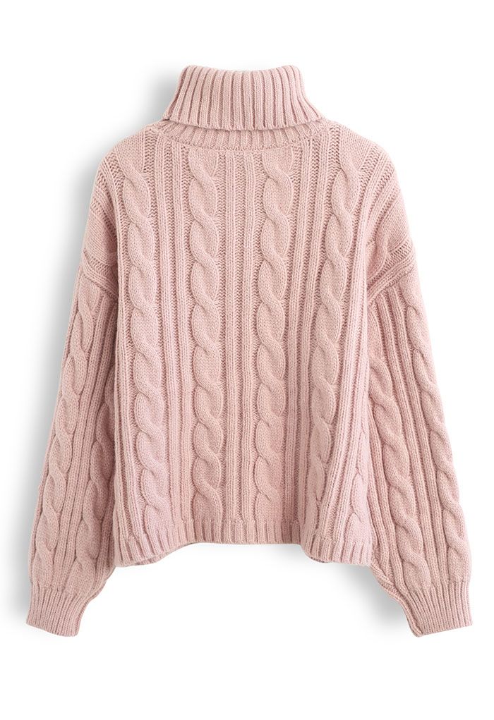 Turtleneck Cable Knit Crop Sweater in Pink