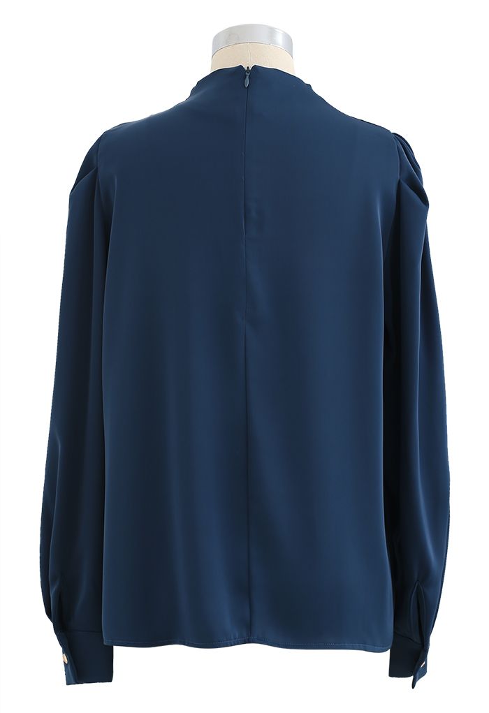 Buttoned Ruched Neck Satin Top in Indigo