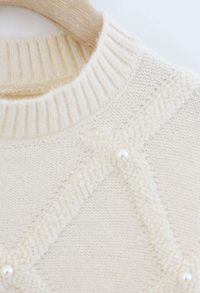 Diamond Pearls Trim Fuzzy Knit Sweater in Cream