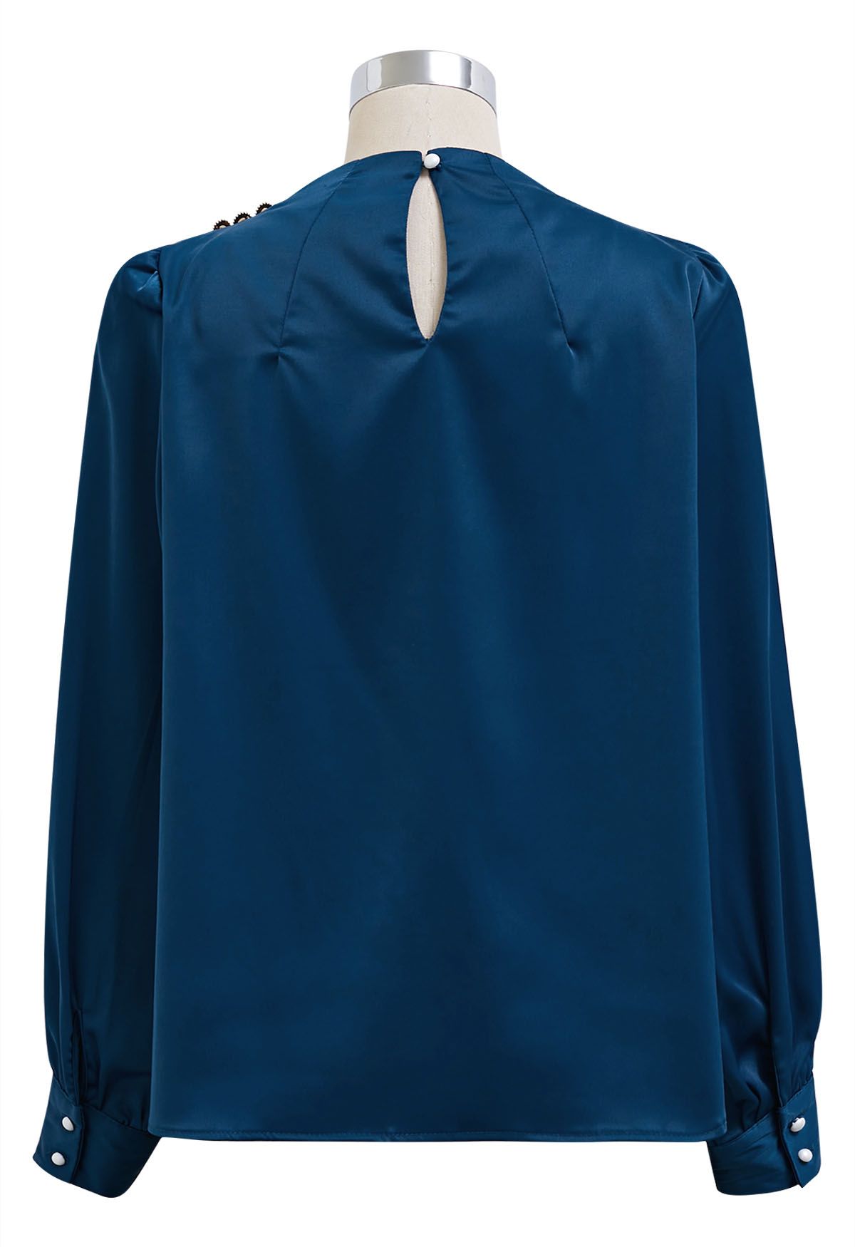 Buttoned Ruched Neck Satin Top in Indigo