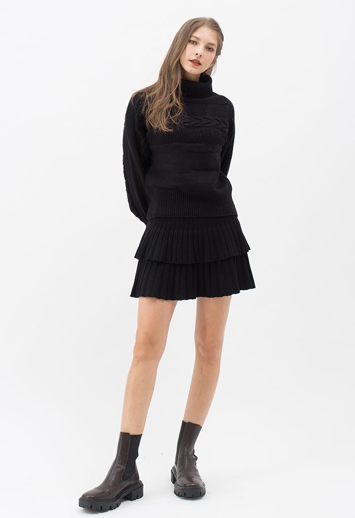 Tiered Pleated Knit Mini Skirt in Black