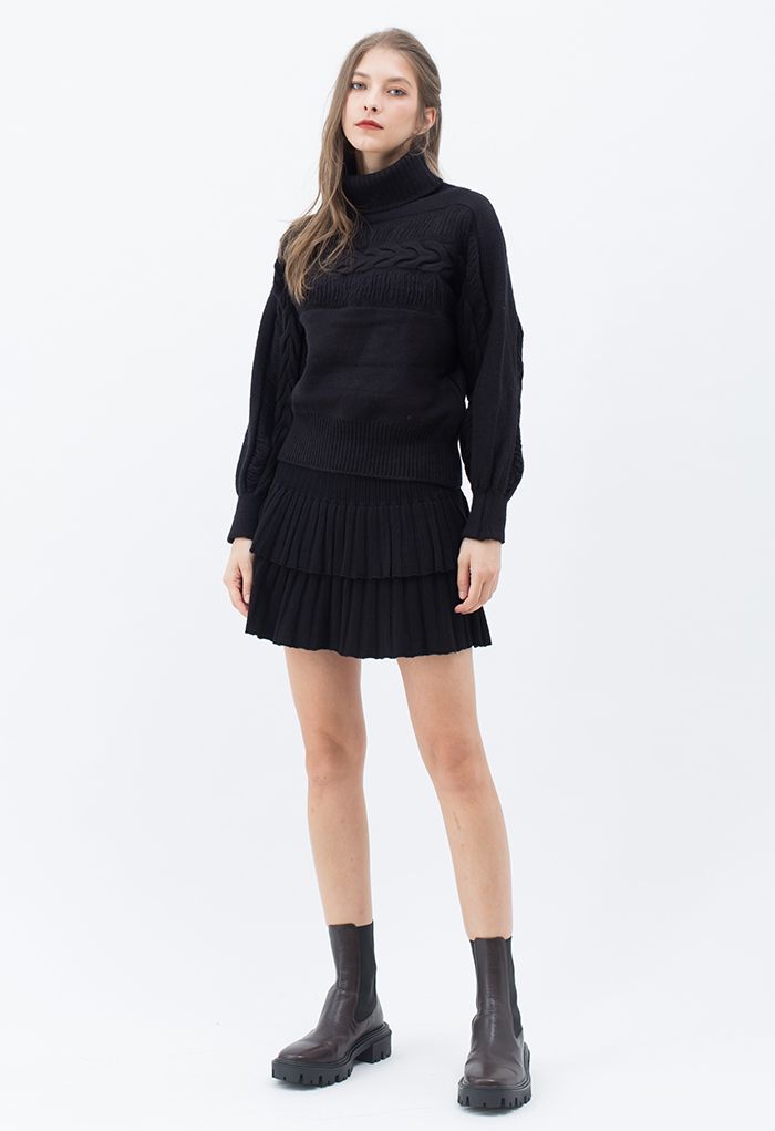 Fringed Detailing Turtleneck Knit Sweater in Black