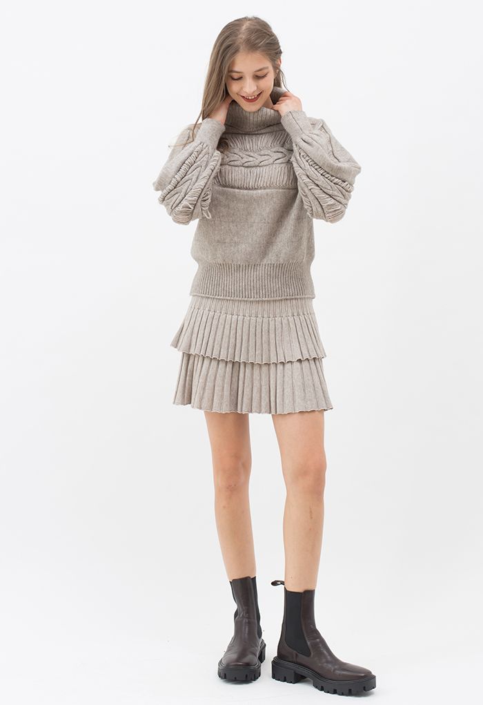 Tiered Pleated Knit Mini Skirt in Linen