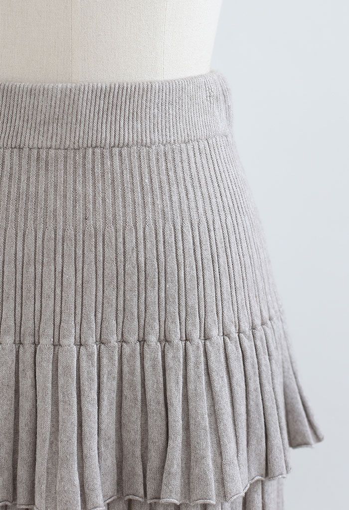 Tiered Pleated Knit Mini Skirt in Linen