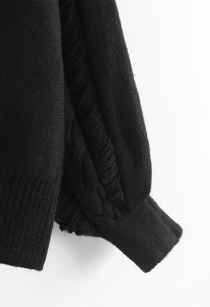 Fringed Detailing Turtleneck Knit Sweater in Black