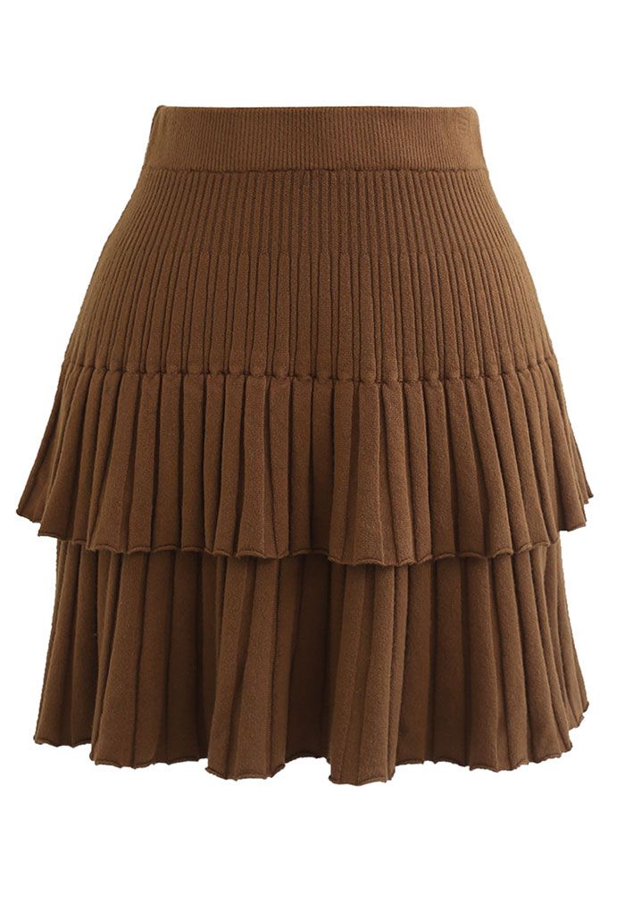 Tiered Pleated Knit Mini Skirt in Caramel