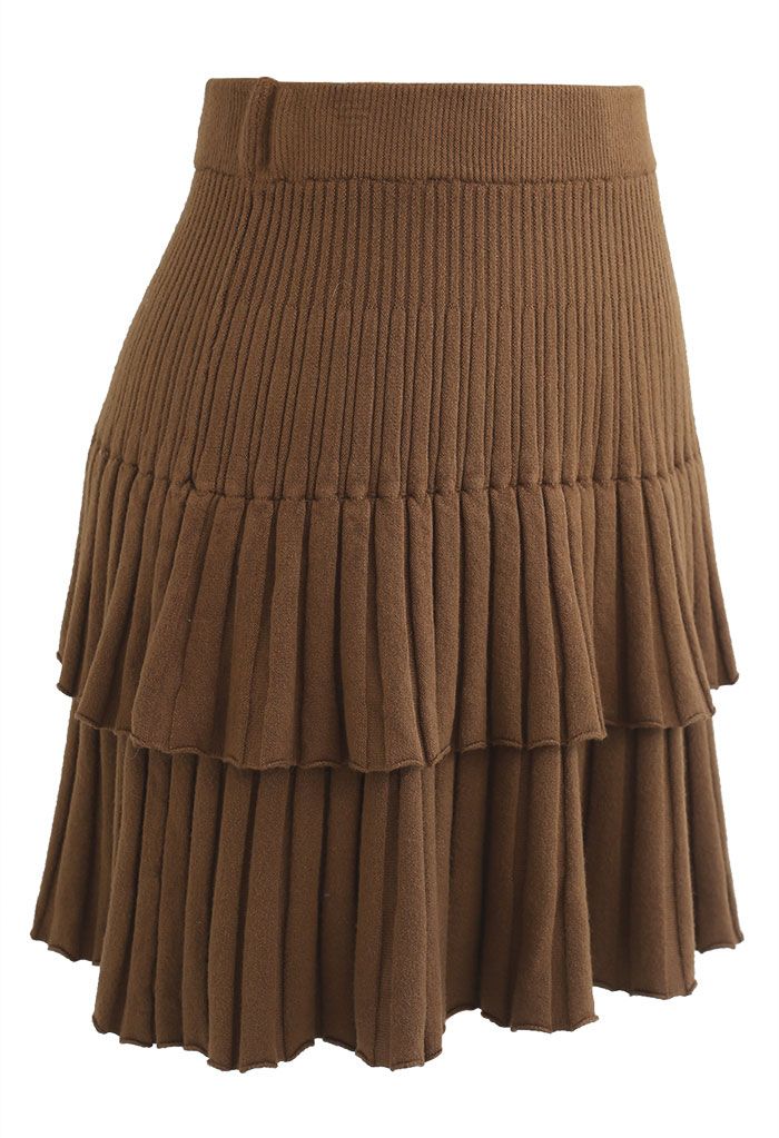 Tiered Pleated Knit Mini Skirt in Caramel