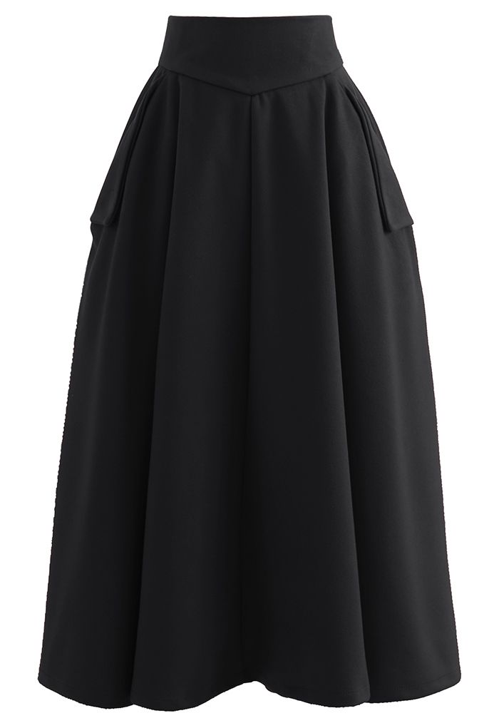 Classic Side Pocket A-Line Midi Skirt in Black