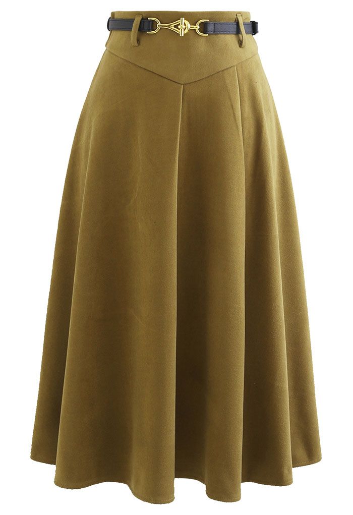 Metallic Buckle Belt A-Line Midi Skirt in Moss Green