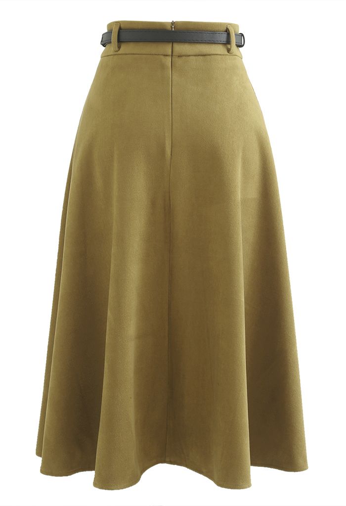 Metallic Buckle Belt A-Line Midi Skirt in Moss Green