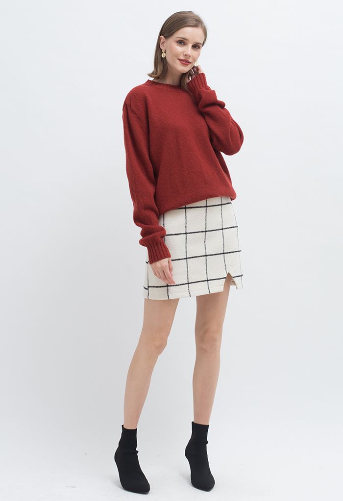 White Grid Wool-Blend Mini Bud Skirt