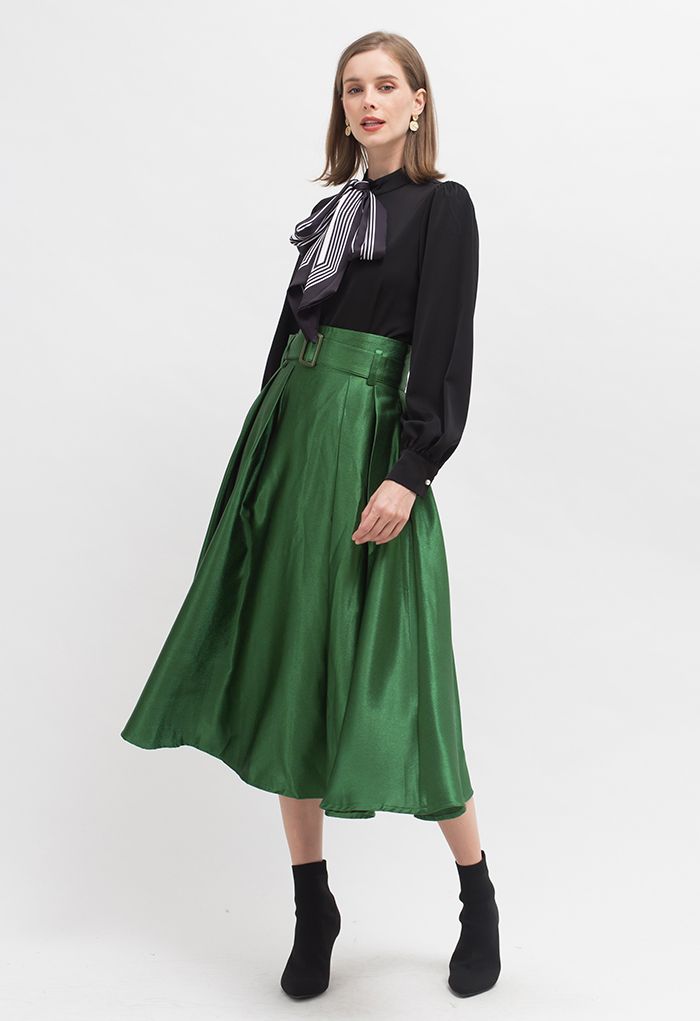 Belted Texture Flare Maxi Skirt in Emerald