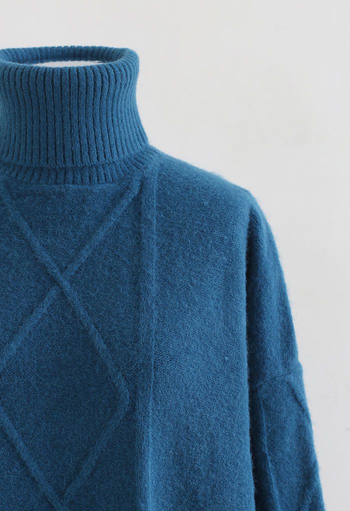 Diamond Knit Turtleneck Longline Sweater in Indigo