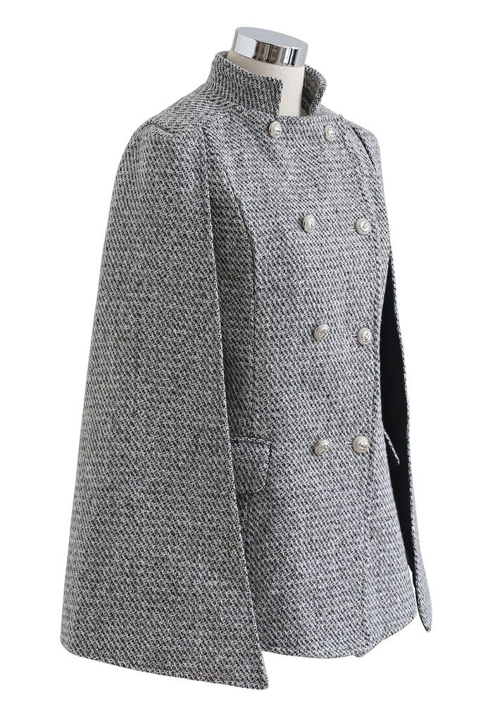 Flap Pocket Double-Breasted Tweed Cape Coat
