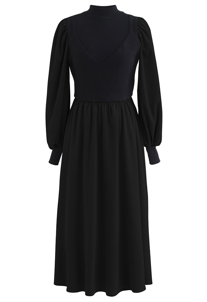 Mock Neck Knit Spliced Corduroy Dress in Black