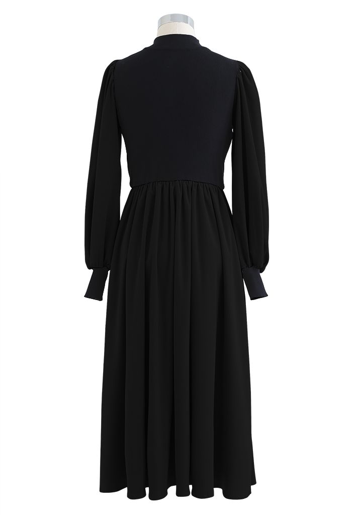 Mock Neck Knit Spliced Corduroy Dress in Black