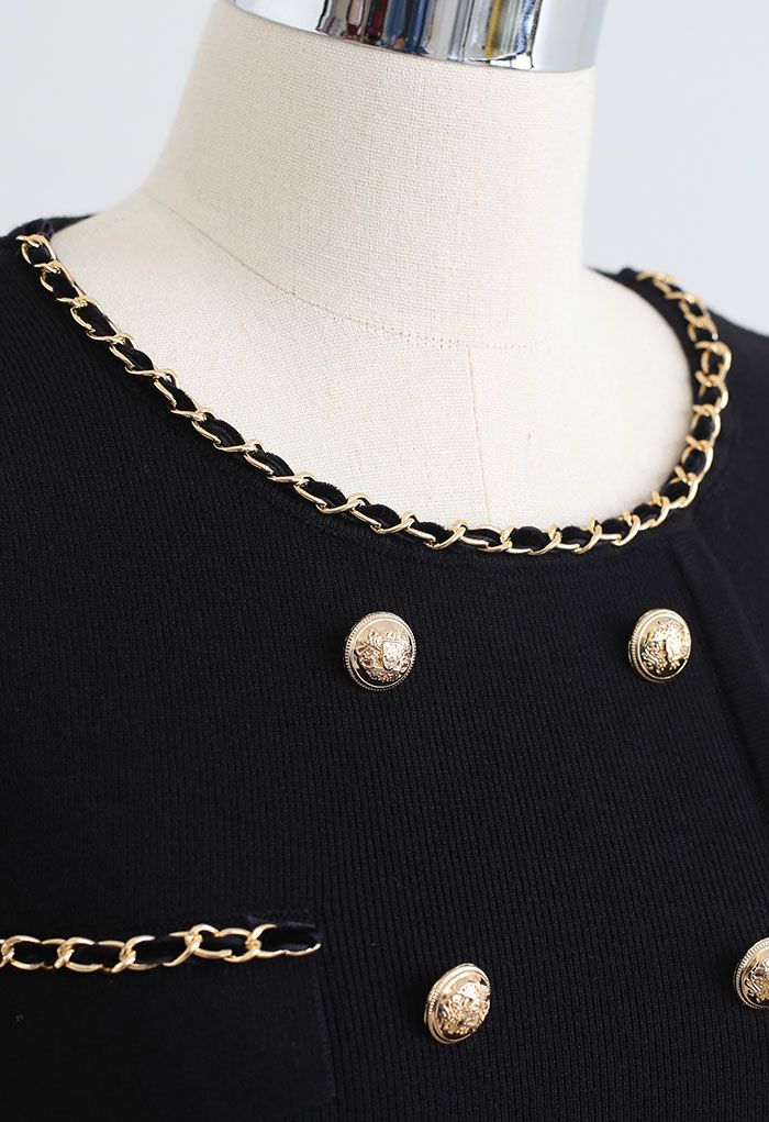 Golden Chain and Button Trim Knit Dress in Black