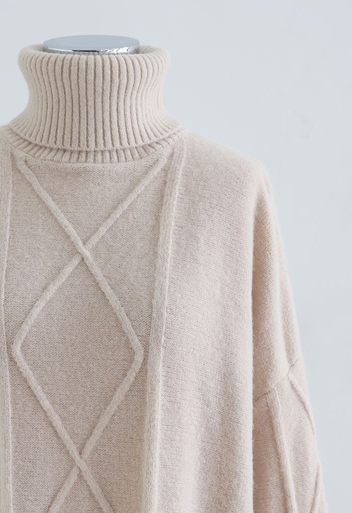 Diamond Knit Turtleneck Longline Sweater in Sand