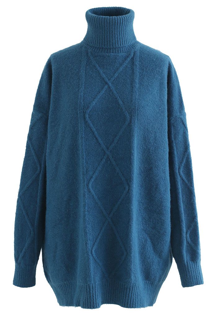 Diamond Knit Turtleneck Longline Sweater in Indigo