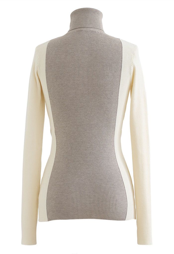 Two-Tone Turtleneck Fitted Knit Top in Linen
