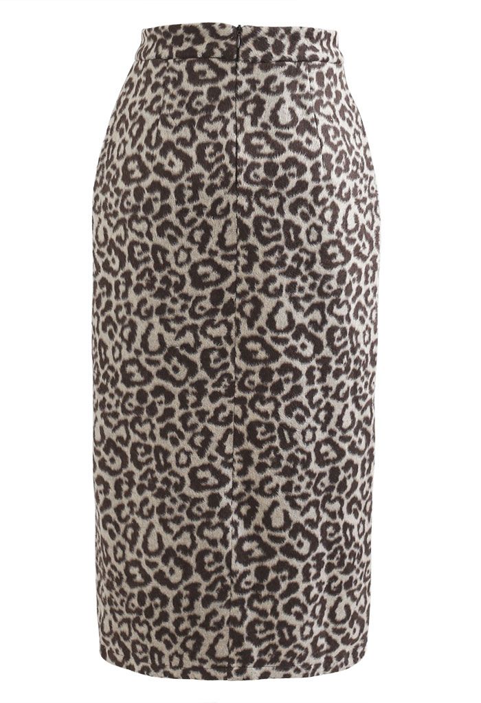 Leopard Print Wool-Blend Pencil Midi Skirt