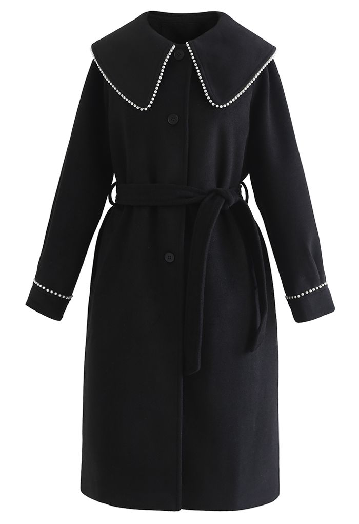 Pearl Edge Button Down Longline Wool-Blend Coat in Black