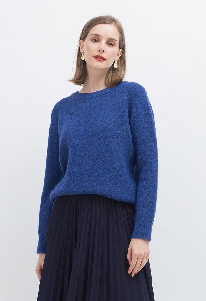 Ribbed Edge Round Neck Knit Sweater in Blue