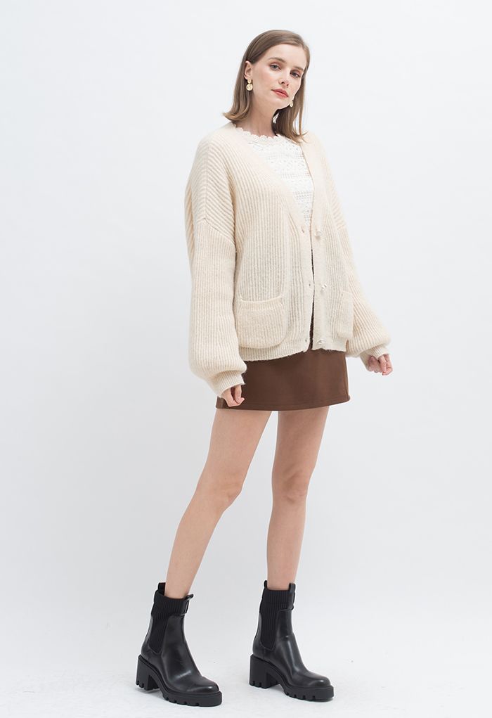 Patched Pocket Shimmer Knit Buttoned Cardigan in Cream