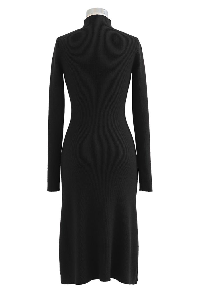 Mock Neck Cutout Knit Midi Dress in Black
